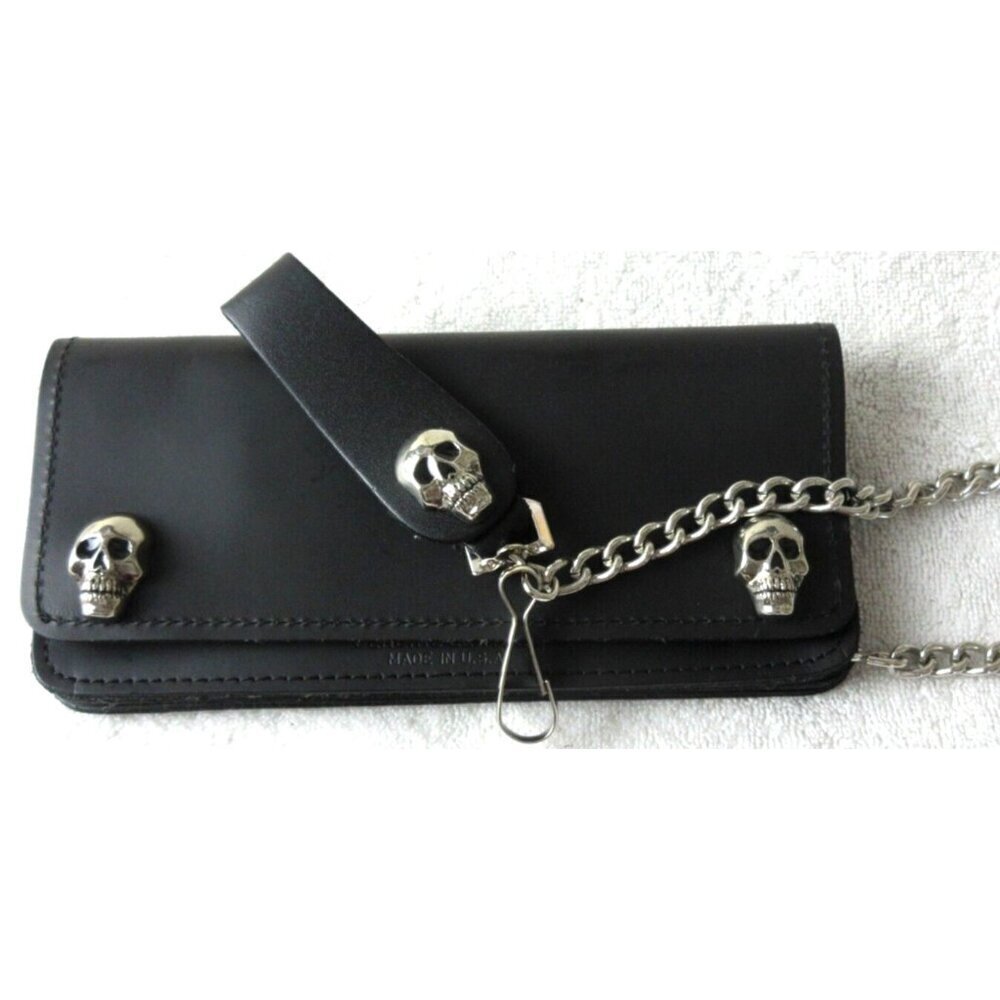 Men's Genuine Leather Skull Skeleton Trucker Snap Chain Wallet Black USA Made
